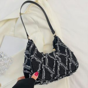 Sac hobbo en jean à motif à carreaux, design à bord brut portable multifonctionnel de grande capacité pour les affaires, lécole, le travail, les voyages et les vacances pour les dames, les femmes, les travailleuses de col blanc à la mode, tendance et minimaliste et toile style vintage