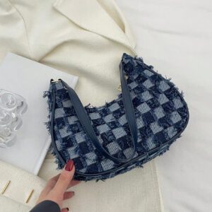 Sac hobbo en jean à motif à carreaux, design à bord brut portable multifonctionnel de grande capacité pour les affaires, lécole, le travail, les voyages et les vacances pour les dames, les femmes, les travailleuses de col blanc à la mode, tendance et minimaliste et toile style vintage