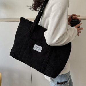 Sac fourre-tout en velours côtelé avec patch lettrage, léger et casual, pour adolescentes filles, étudiantes universitaires, débutants et travailleurs de bureau, parfait pour le bureau et l'université