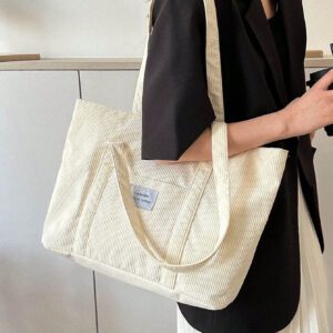 Sac fourre-tout en velours côtelé avec patch lettrage, léger et casual, pour adolescentes filles, étudiantes universitaires, débutants et travailleurs de bureau, parfait pour le bureau et l'université