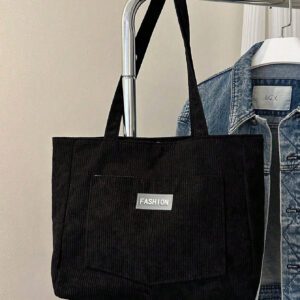 Sac fourre-tout en velours côtelé avec patch lettrage, léger et casual, pour adolescentes filles, étudiantes universitaires, débutants et travailleurs de bureau, parfait pour le bureau et l'université
