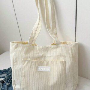 Sac fourre-tout en velours côtelé avec patch lettrage, léger et casual, pour adolescentes filles, étudiantes universitaires, débutants et travailleurs de bureau, parfait pour le bureau et l'université