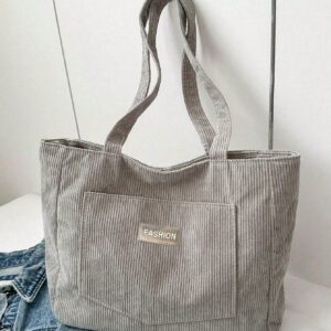 Sac fourre-tout en velours côtelé avec patch lettrage, léger et casual, pour adolescentes filles, étudiantes universitaires, débutants et travailleurs de bureau, parfait pour le bureau et l'université