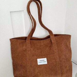 Sac fourre-tout en velours côtelé avec patch lettrage, léger et casual, pour adolescentes filles, étudiantes universitaires, débutants et travailleurs de bureau, parfait pour le bureau et l'université
