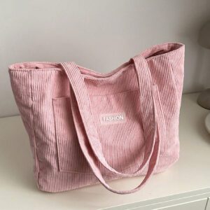 Sac fourre-tout en velours côtelé avec patch lettrage, léger et casual, pour adolescentes filles, étudiantes universitaires, débutants et travailleurs de bureau, parfait pour le bureau et l'université