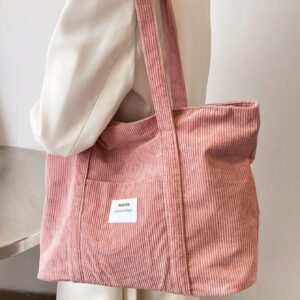 Sac fourre-tout en velours côtelé avec patch lettrage, léger et casual, pour adolescentes filles, étudiantes universitaires, débutants et travailleurs de bureau, parfait pour le bureau et l'université
