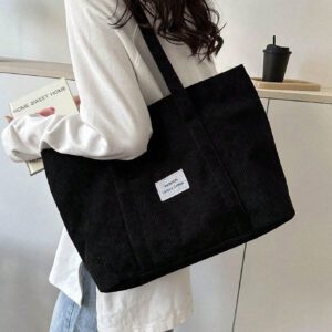 Sac fourre-tout en velours côtelé avec patch lettrage, léger et casual, pour adolescentes filles, étudiantes universitaires, débutants et travailleurs de bureau, parfait pour le bureau et l'université