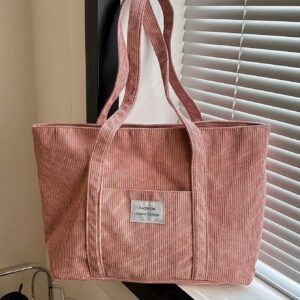 Sac fourre-tout en velours côtelé avec patch lettrage, léger et casual, pour adolescentes filles, étudiantes universitaires, débutants et travailleurs de bureau, parfait pour le bureau et l'université