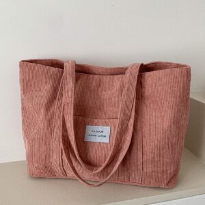 Sac fourre-tout en velours côtelé avec patch lettrage, léger et casual, pour adolescentes filles, étudiantes universitaires, débutants et travailleurs de bureau, parfait pour le bureau et l'université