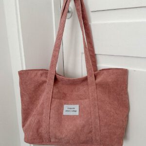 Sac fourre-tout en velours côtelé avec patch lettrage, léger et casual, pour adolescentes filles, étudiantes universitaires, débutants et travailleurs de bureau, parfait pour le bureau et l'université