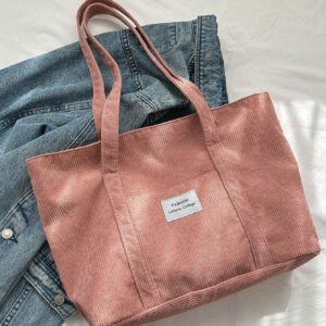 Sac fourre-tout en velours côtelé avec patch lettrage, léger et casual, pour adolescentes filles, étudiantes universitaires, débutants et travailleurs de bureau, parfait pour le bureau et l'université