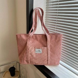 Sac fourre-tout en velours côtelé avec patch lettrage, léger et casual, pour adolescentes filles, étudiantes universitaires, débutants et travailleurs de bureau, parfait pour le bureau et l'université
