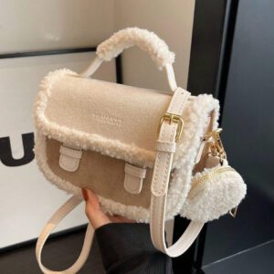 Sac à main carré miniature beige vintage à la mode en fourrure, nouveau sac à main en fourrure