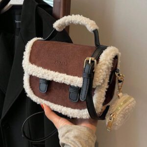 Sac à main carré miniature beige vintage à la mode en fourrure, nouveau sac à main en fourrure
