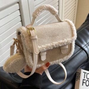 Sac à main carré miniature beige vintage à la mode en fourrure, nouveau sac à main en fourrure