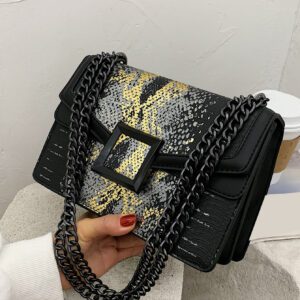 Sac carré en relief de python petit à rabat chaîne sangle