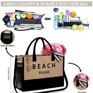 Sac fourre-tout de plage pour femmes, sac en canevas pour accessoires de plage, convient pour le mariage, l'anniversaire, les vacances, est un excellent cadeau pour les femmes, les mères, les enseignants, les amis, les demoiselles d'honneur, les étudiants, la rentrée scolaire, grand sac, sac de voyage pour les vacances, le week-end, les courts séjours, cadeau d'anniversaire personnalisé pour l'ami, elle, avec écharpe