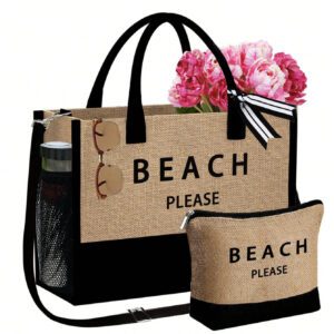 Sac fourre-tout de plage pour femmes, sac en canevas pour accessoires de plage, convient pour le mariage, l'anniversaire, les vacances, est un excellent cadeau pour les femmes, les mères, les enseignants, les amis, les demoiselles d'honneur, les étudiants, la rentrée scolaire, grand sac, sac de voyage pour les vacances, le week-end, les courts séjours, cadeau d'anniversaire personnalisé pour l'ami, elle, avec écharpe