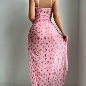 Robe lingerie plissée fendue avec armatures en dentelle florale et T-Back, 2 pièces / Ensemble