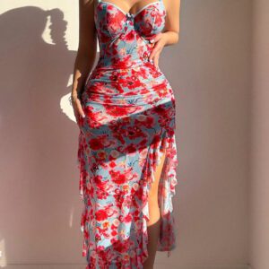 Ensemble robe moulante à fente avec volant et imprimé floral sexy