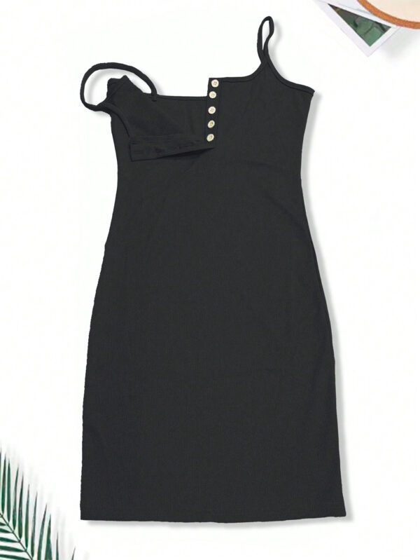 1 pièce Robe camisole moulante à fines bretelles et boutons devant pour porter à la maison/au travail – Image 10