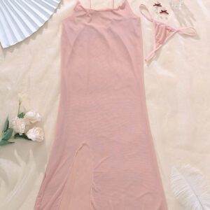 Ning xue yan ying 2 pièces/Ensemble Lingerie sexy pour femme, robe longue transparente à bretelles détachables ultra fine, ensemble de nuisette longue fendue élégante et de vêtement de nuit