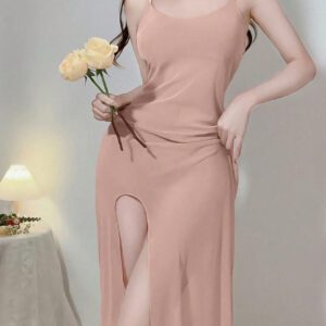 Ning xue yan ying 2 pièces/Ensemble Lingerie sexy pour femme, robe longue transparente à bretelles détachables ultra fine, ensemble de nuisette longue fendue élégante et de vêtement de nuit