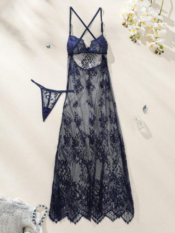SHEIN Robe De Cami Et De String Sexy En Dentelle Pour Femmes, Broderie Florale Transparente Et Maille Transparente – Image 13