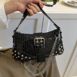 Sac à bandoulière moyen décoré d'un nœud, sac fourre-tout avec motif crocodile embossé et chaîne décorative, sac besace de luxe décoré d'un foulard, sac élégant pour femmes, sac à bandoulière, sac bandoulière croisée, sac à main