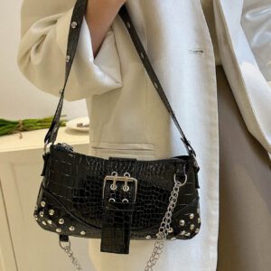 Sac à bandoulière moyen décoré d'un nœud, sac fourre-tout avec motif crocodile embossé et chaîne décorative, sac besace de luxe décoré d'un foulard, sac élégant pour femmes, sac à bandoulière, sac bandoulière croisée, sac à main
