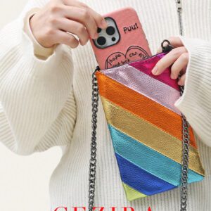CEZIRA Sac à main mode femme, rayures colorées métalliques patchwork, fermeture bouton en PU végétalien, blocage de couleurs, petit portefeuille portable pour téléphone, sac bandoulière avec longue chaîne pour la vie quotidienne, les sorties et les voyages