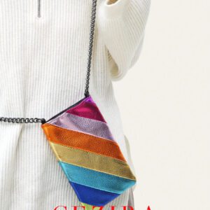 CEZIRA Sac à main mode femme, rayures colorées métalliques patchwork, fermeture bouton en PU végétalien, blocage de couleurs, petit portefeuille portable pour téléphone, sac bandoulière avec longue chaîne pour la vie quotidienne, les sorties et les voyages