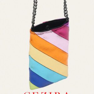 CEZIRA Sac à main mode femme, rayures colorées métalliques patchwork, fermeture bouton en PU végétalien, blocage de couleurs, petit portefeuille portable pour téléphone, sac bandoulière avec longue chaîne pour la vie quotidienne, les sorties et les voyages