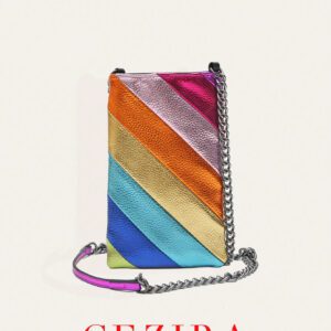 CEZIRA Sac à main mode femme, rayures colorées métalliques patchwork, fermeture bouton en PU végétalien, blocage de couleurs, petit portefeuille portable pour téléphone, sac bandoulière avec longue chaîne pour la vie quotidienne, les sorties et les voyages
