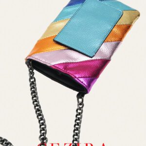 CEZIRA Sac à main mode femme, rayures colorées métalliques patchwork, fermeture bouton en PU végétalien, blocage de couleurs, petit portefeuille portable pour téléphone, sac bandoulière avec longue chaîne pour la vie quotidienne, les sorties et les voyages