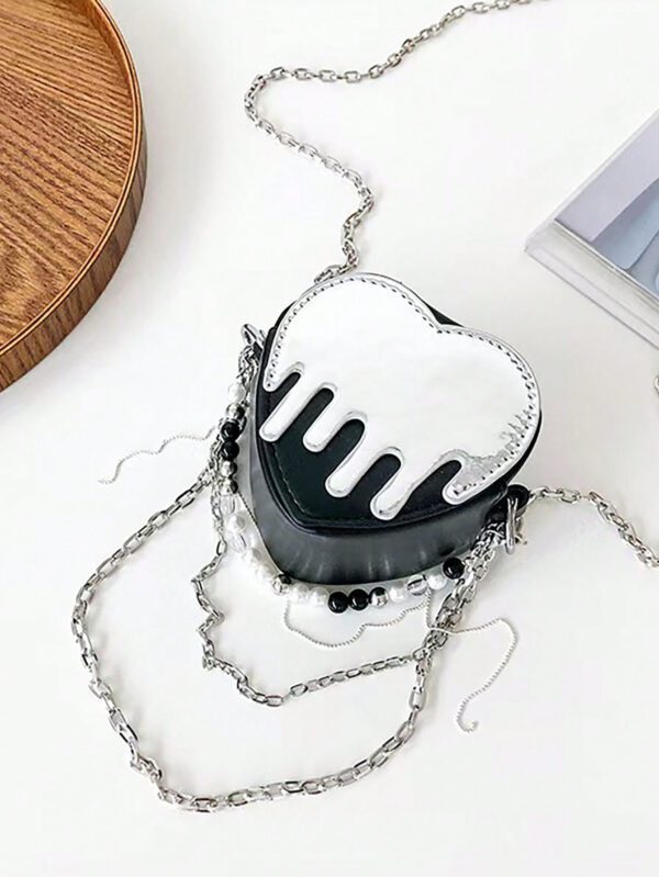 ROMWE Goth 1 pièce Sac bandoulière avec chaîne de perles noires et motif cœur brillant – Image 3
