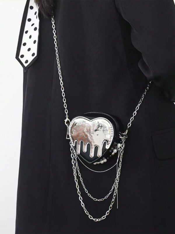 ROMWE Goth 1 pièce Sac bandoulière avec chaîne de perles noires et motif cœur brillant – Image 6