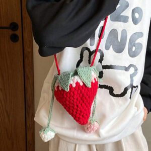 Sac à main en forme de fraise au crochet, sac bandoulière mini design fait main en tricot ajouré, porte-clés/porte-monnaie mignon et doux