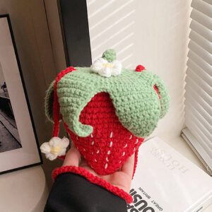 Sac à main en forme de fraise au crochet, sac bandoulière mini design fait main en tricot ajouré, porte-clés/porte-monnaie mignon et doux