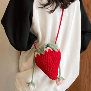 Sac à main en forme de fraise au crochet, sac bandoulière mini design fait main en tricot ajouré, porte-clés/porte-monnaie mignon et doux