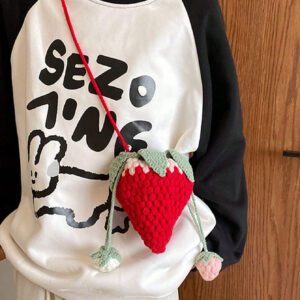 Sac à main en forme de fraise au crochet, sac bandoulière mini design fait main en tricot ajouré, porte-clés/porte-monnaie mignon et doux