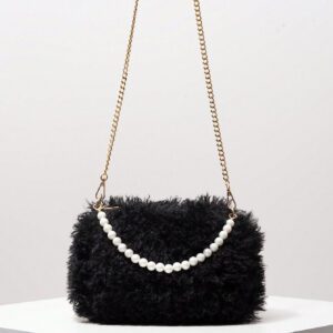 Sac à main soyeux d'automne/hiver, sac à bandoulière avec chaîne métallique, sac décoré de faux perles, sac de soirée élégant, accessoire de robe d'anniversaire pour femme - Sac en fourrure (motif aléatoire)
