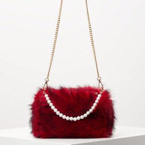 Sac à main soyeux d'automne/hiver, sac à bandoulière avec chaîne métallique, sac décoré de faux perles, sac de soirée élégant, accessoire de robe d'anniversaire pour femme - Sac en fourrure (motif aléatoire)