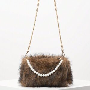 Sac à main soyeux d'automne/hiver, sac à bandoulière avec chaîne métallique, sac décoré de faux perles, sac de soirée élégant, accessoire de robe d'anniversaire pour femme - Sac en fourrure (motif aléatoire)