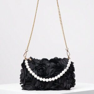Sac à main soyeux d'automne/hiver, sac à bandoulière avec chaîne métallique, sac décoré de faux perles, sac de soirée élégant, accessoire de robe d'anniversaire pour femme - Sac en fourrure (motif aléatoire)