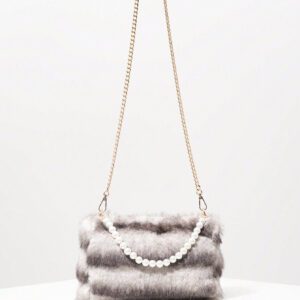 Sac à main soyeux d'automne/hiver, sac à bandoulière avec chaîne métallique, sac décoré de faux perles, sac de soirée élégant, accessoire de robe d'anniversaire pour femme - Sac en fourrure (motif aléatoire)
