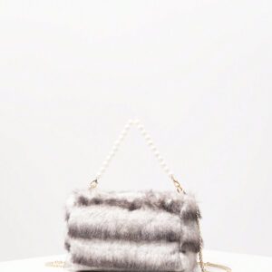 Sac à main soyeux d'automne/hiver, sac à bandoulière avec chaîne métallique, sac décoré de faux perles, sac de soirée élégant, accessoire de robe d'anniversaire pour femme - Sac en fourrure (motif aléatoire)