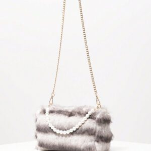 Sac à main soyeux d'automne/hiver, sac à bandoulière avec chaîne métallique, sac décoré de faux perles, sac de soirée élégant, accessoire de robe d'anniversaire pour femme - Sac en fourrure (motif aléatoire)
