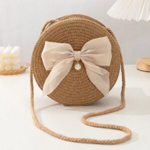 YL Mini sac à bandoulière en toile tressée kaki avec accessoires de nœud papillon. Sac à main tendance avec nœud papillon pour femmes pour la Saint-Valentin