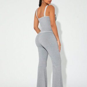 SHEIN SXY 2 pièces/Set Chemisier sans manches sexy et mignon avec patchwork en dentelle et nœud, et pantalon évasé